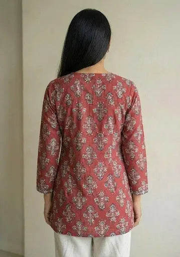 Ruhi short kurti with a traditional rust-red floral print and an adjustable wrap-around silhouette – Kalyanja.